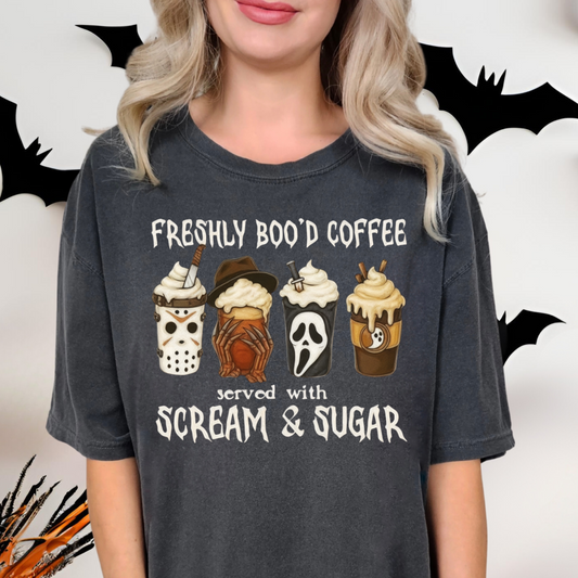 Freshly Boo’d Coffee Made with Scream and Sugar Horror Characters T-Shirt