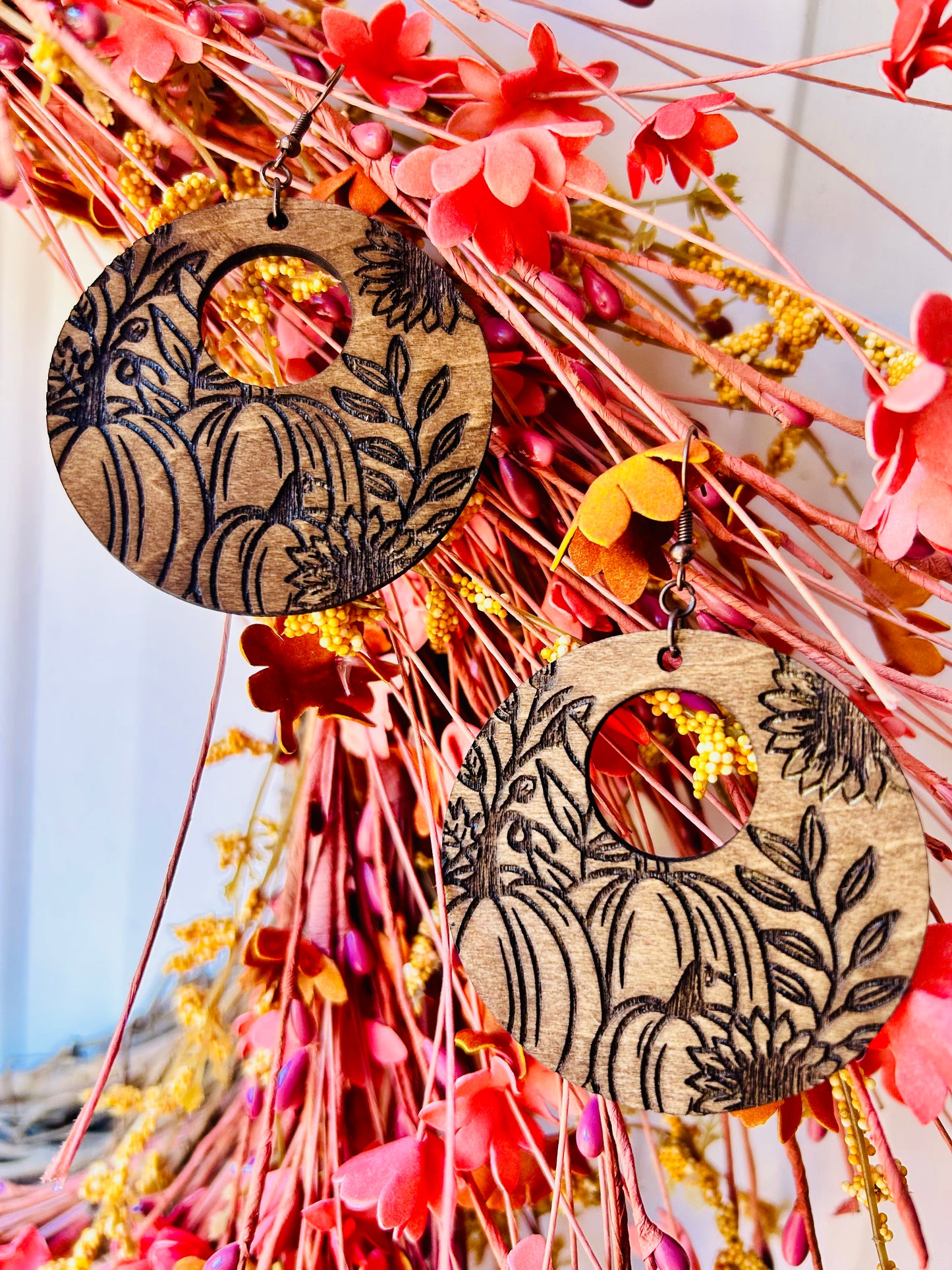 Pumpkin Engraved Wood Circle Earrings