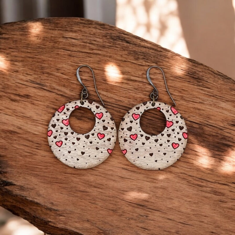 Round Valentine’s Dreamy Hearts Laser Cut Wood Earrings