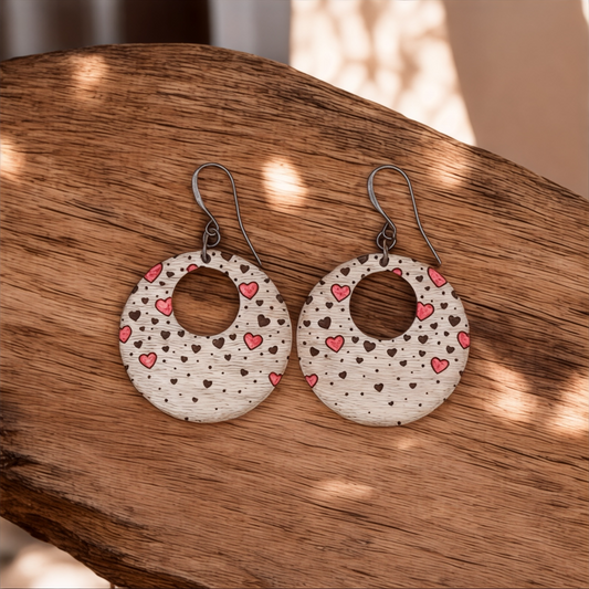 Round Valentine’s Dreamy Hearts Laser Cut Wood Earrings