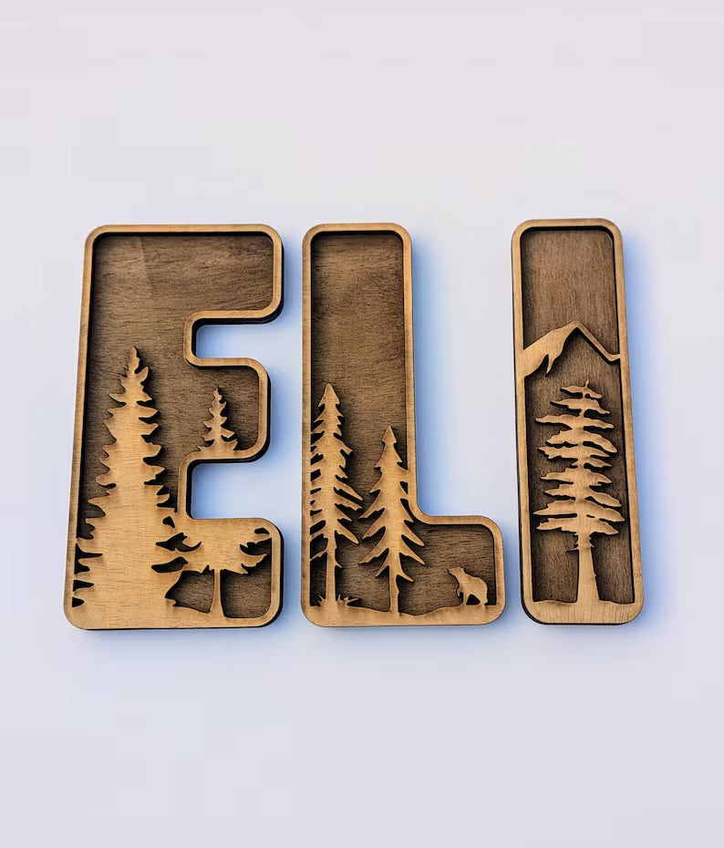 Trees and Mountains Custom Layered Name Sign for Nursery, Kids’ Room, Decor
