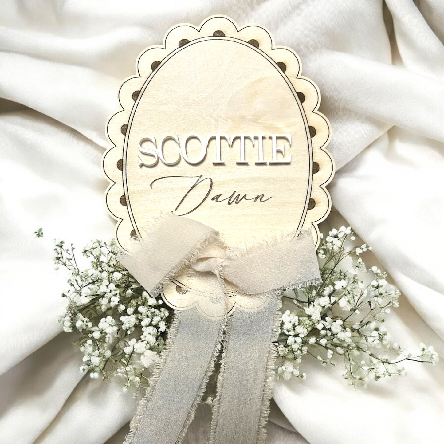 Scalloped Baby Name Announcement & Interchangeable Milestones with Chiffon Bow