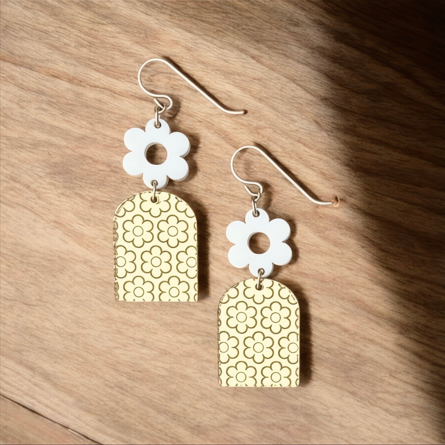 Floral White + Gold Mirrored Acrylic Earrings