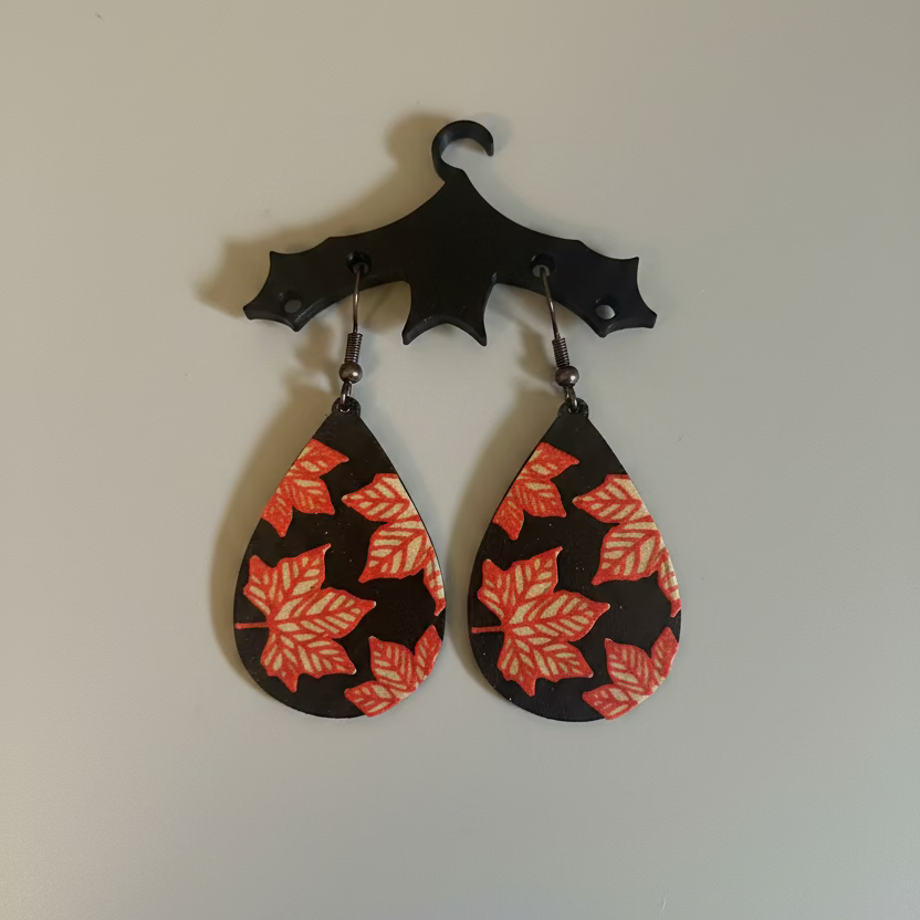 Tan and Red Autumn Leaf Teardrop Earring