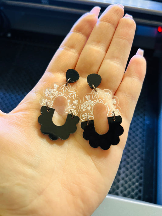 Scalloped Floral Black Mirror + Clear Acrylic Earrings