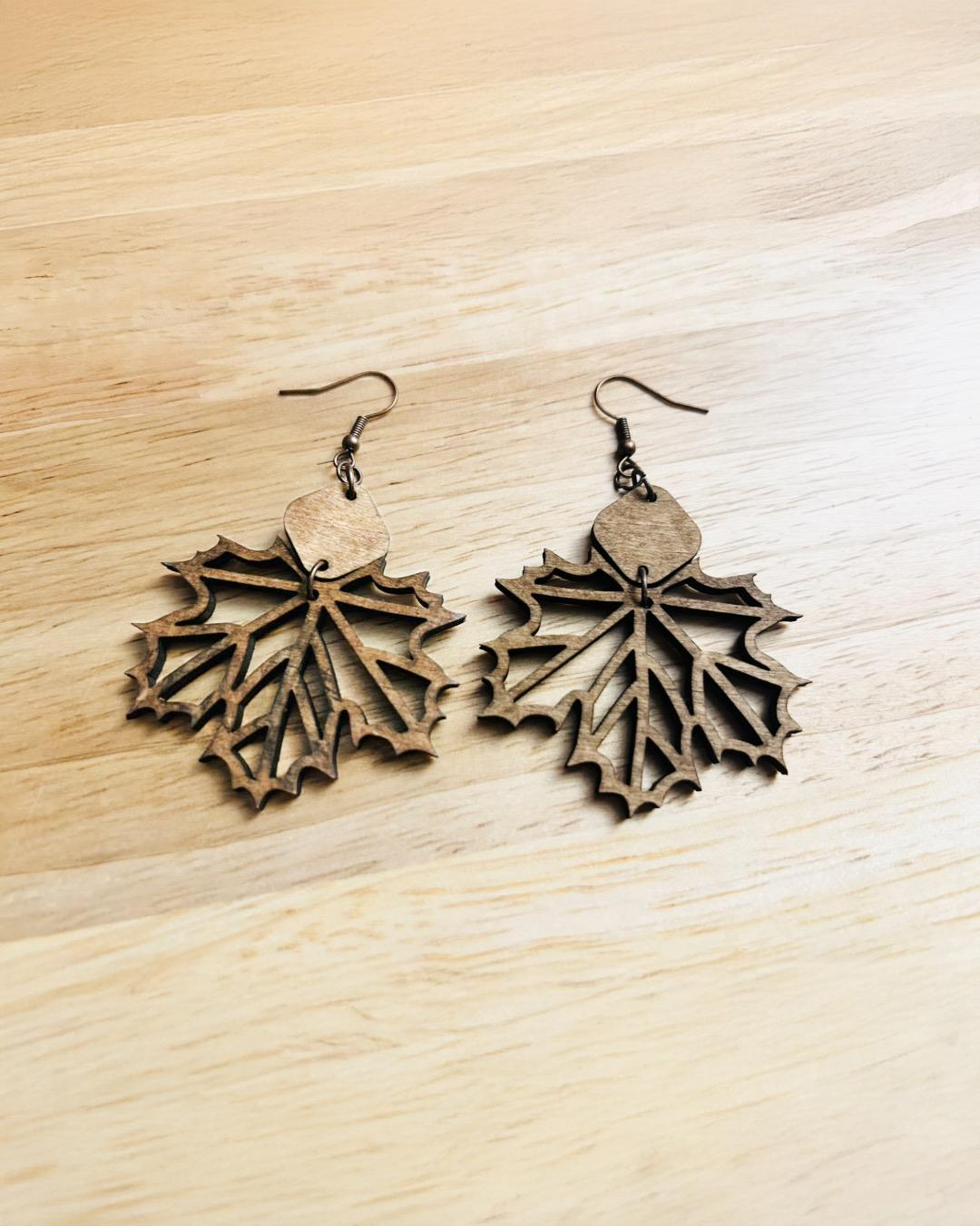 Maple Leaf Dangle Laser Cut Wood Earrings