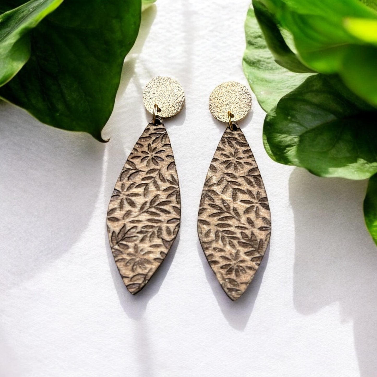 Floral Engraved Dangle Laser Cut Wood Earrings
