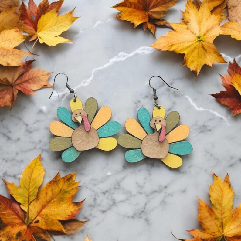 Thanksgiving Turkeys Dangle Laser Cut Wood Earrings