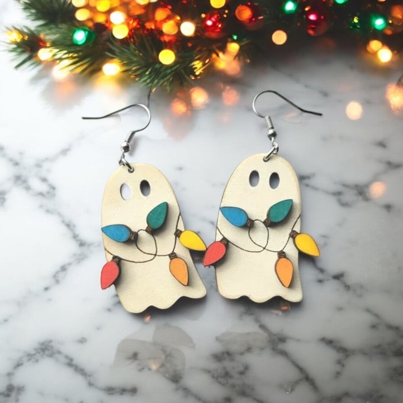 Ghosts With Christmas Lights Laser Cut Earrings
