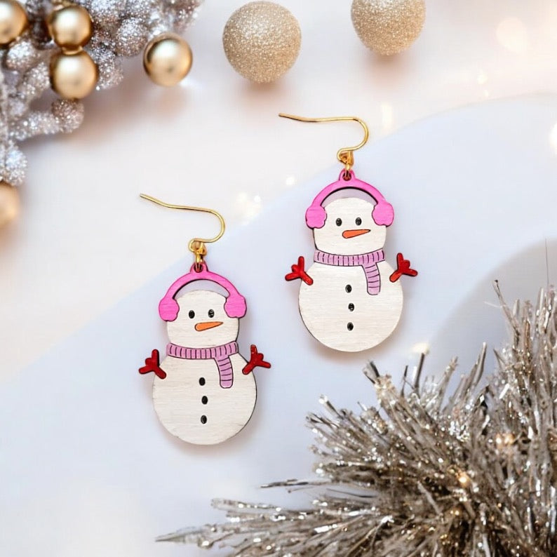 Snowman Pink Dangle Laser Cut Wood Earrings