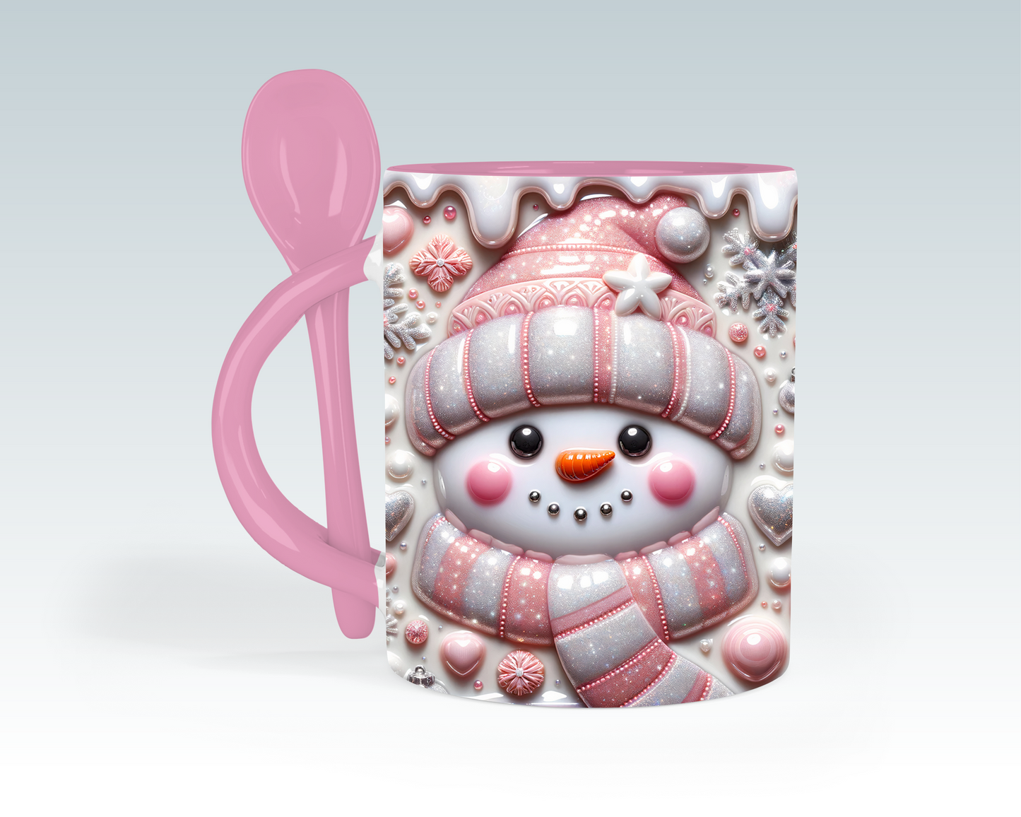 3D Puff Look Pink Snowman Christmas Mug with Spoon