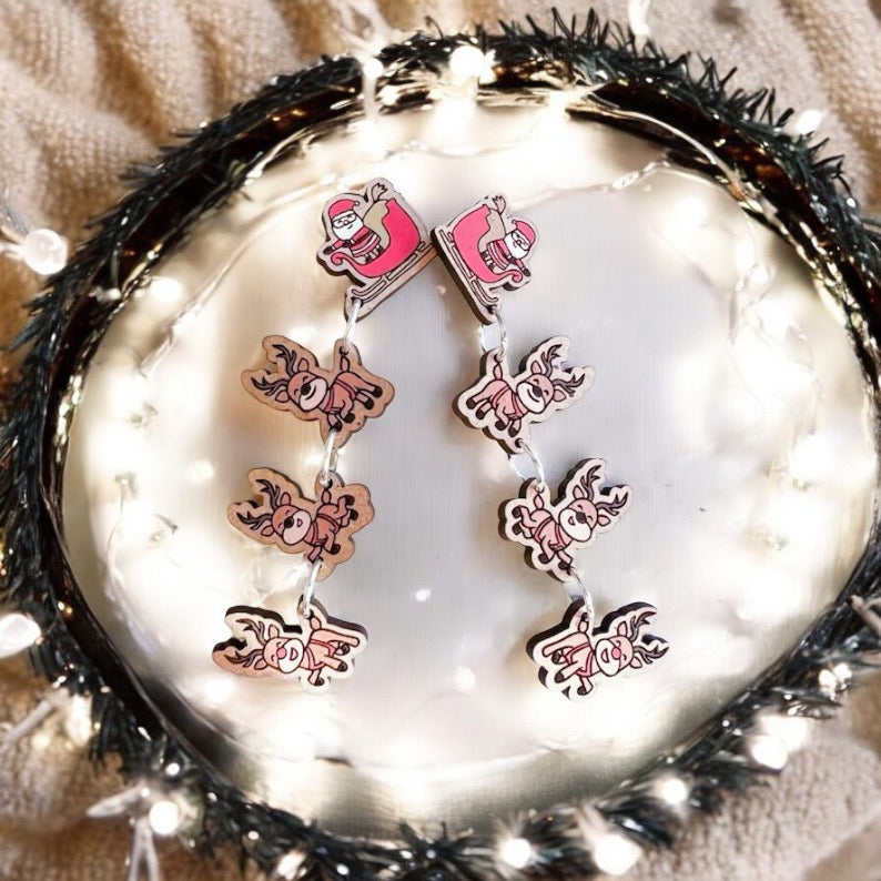 Santa’s Sleigh and His Reindeer Dangle Laser Cut Earrings