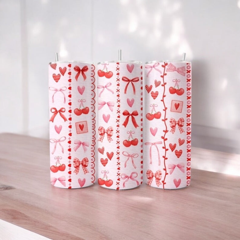 Coquette Bows and Cherries Valentine’s Day Tumbler - Stainless Steel 20oz