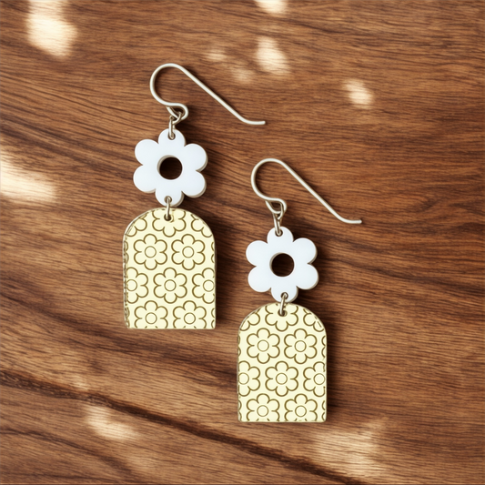 Floral White + Gold Mirrored Acrylic Earrings