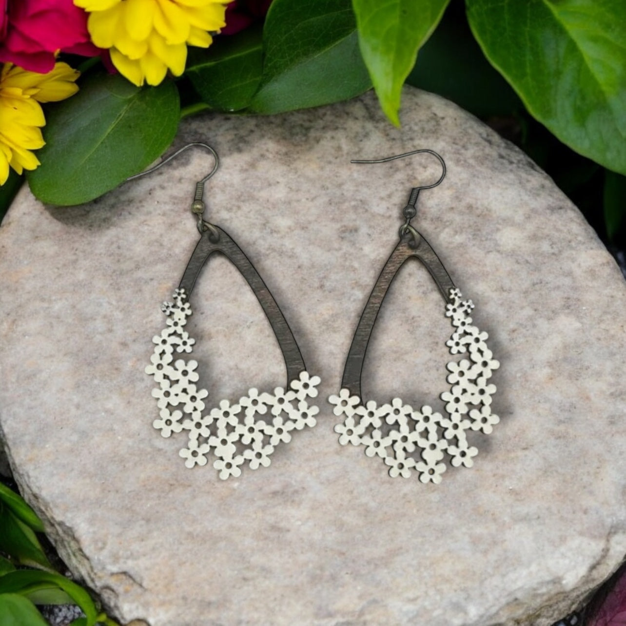 Floral Teardrop Laser Cut Wood Earrings