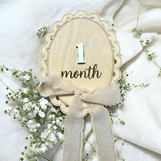 Scalloped Baby Name Announcement & Interchangeable Milestones with Chiffon Bow