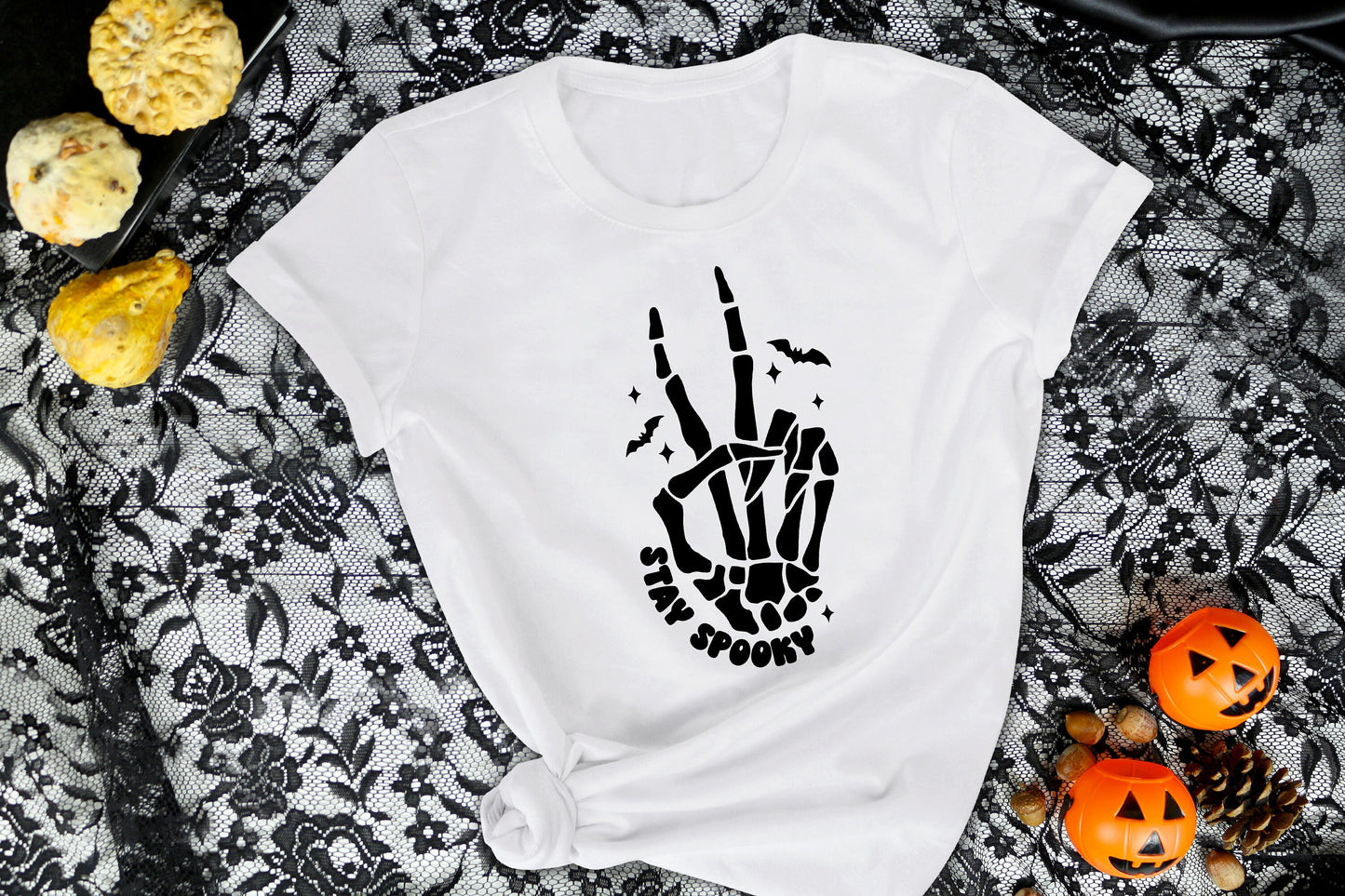 Adult Stay Spooky Skeleton Peace Sign T-Shirt
