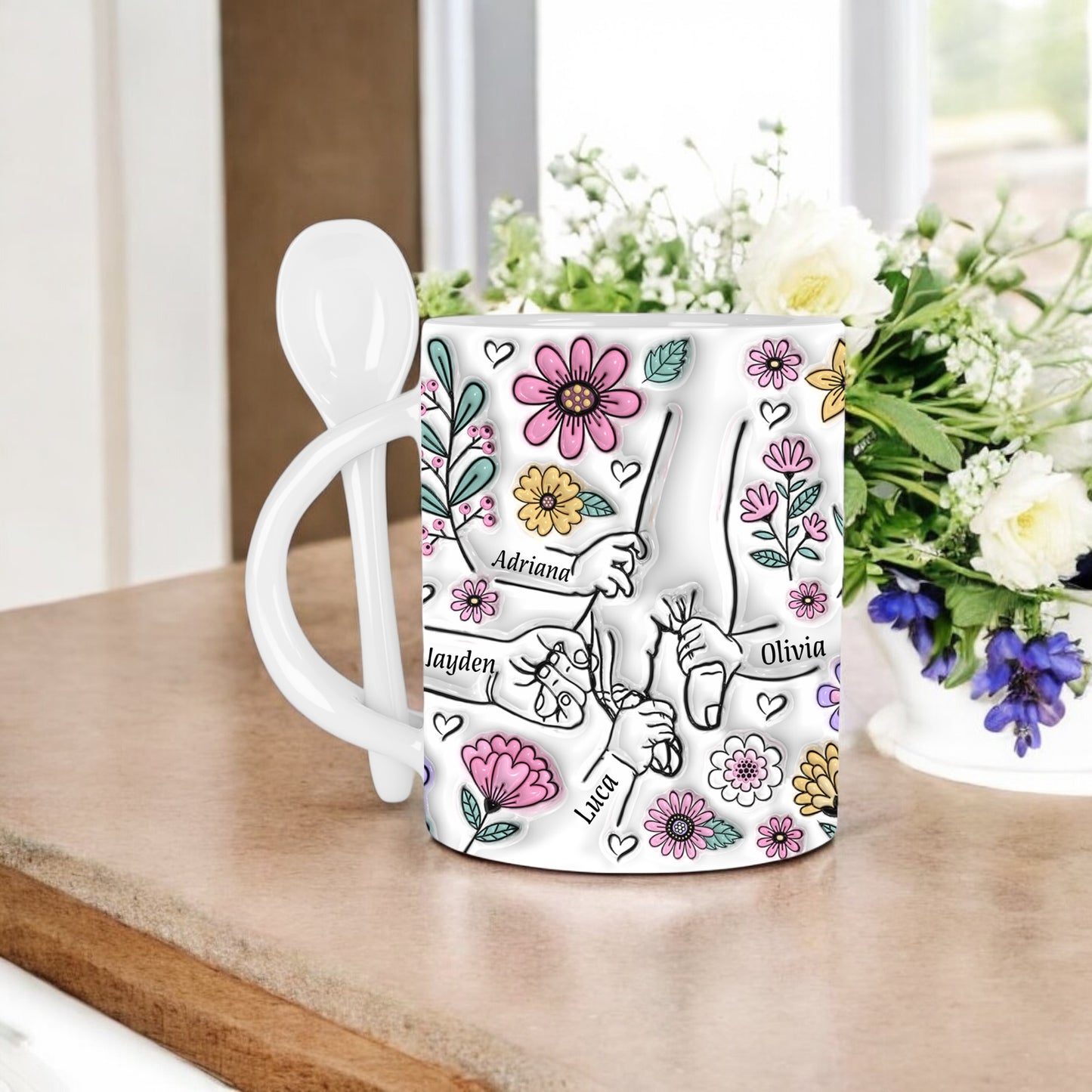 Mother’s Day Hold My Hand Mug | Up to 7 Children | Spoon Handle Mug | Mother’s Day Gift | Children Holding Mom’s Hand Mug | Mother’s Day Gift for Grandma