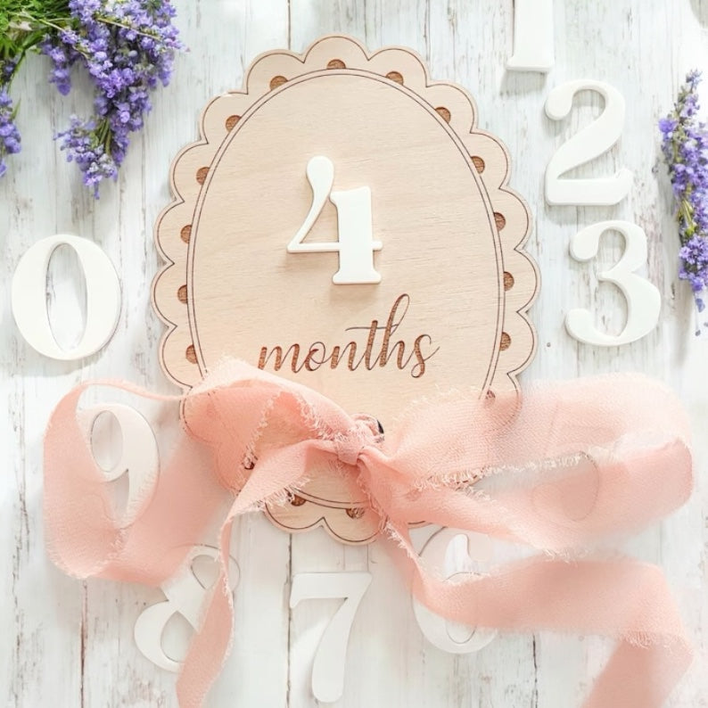 Scalloped Baby Name Announcement & Interchangeable Milestones with Chiffon Bow