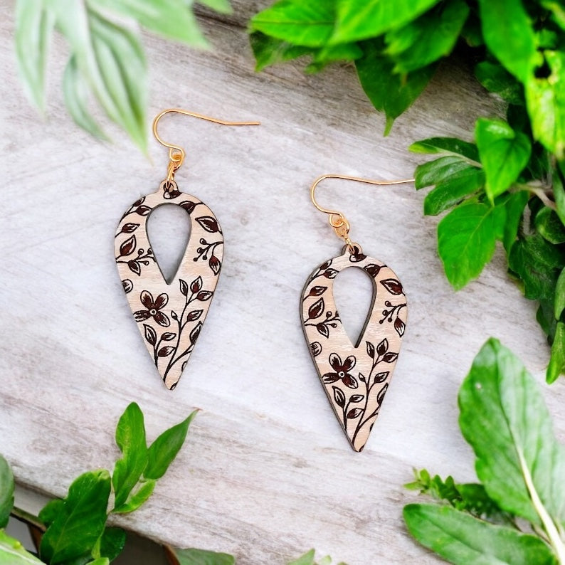 Floral Engraved Wood Earrings