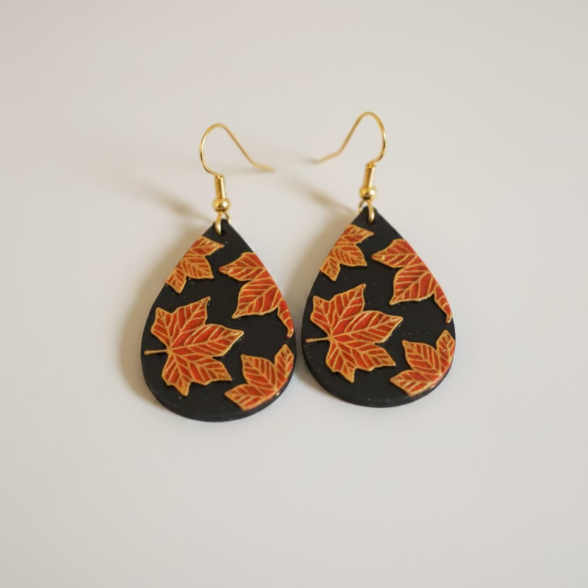 Red and Gold Autumn Leaf Teardrop Earring