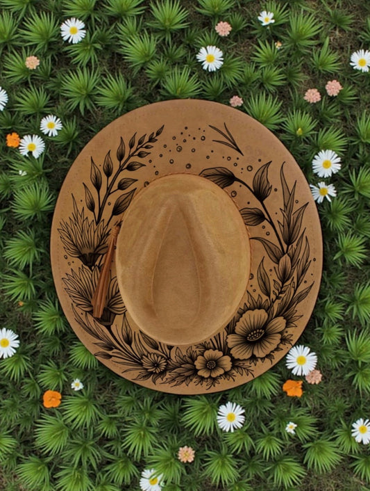 Floral Engraved Women’s Wide Brim Fedora Hat