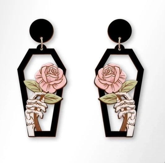 Skeleton Hand Holding Rose Laser Cut Wood Earrings