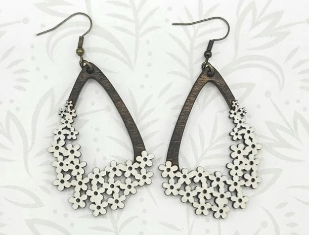 Floral Teardrop Laser Cut Wood Earrings