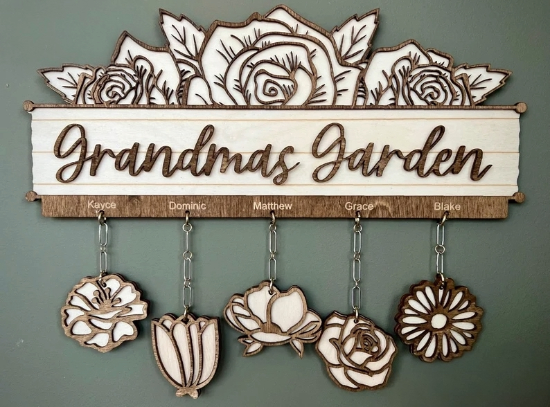 Grandma’s Garden + Mama’s Garden Personalized Hanging Flowers Laser Cut Sign