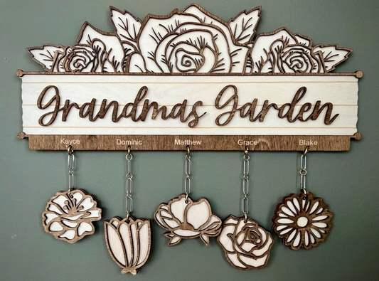 Grandma’s Garden + Mama’s Garden Personalized Hanging Flowers Laser Cut Sign