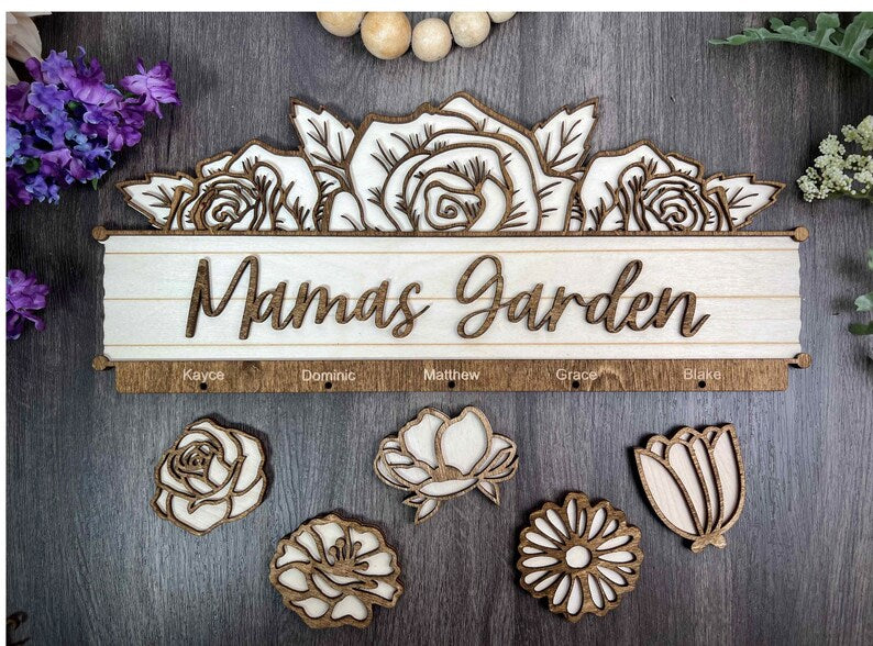 Grandma’s Garden + Mama’s Garden Personalized Hanging Flowers Laser Cut Sign