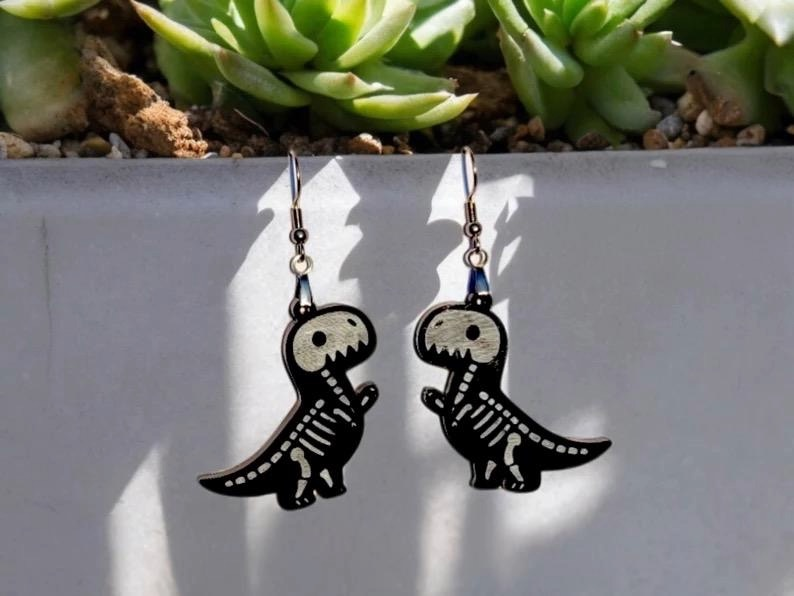 Skeleton T-Rex Laser Cut Wood Earrings