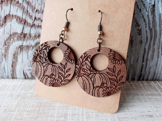 Pumpkin Engraved Wood Circle Earrings