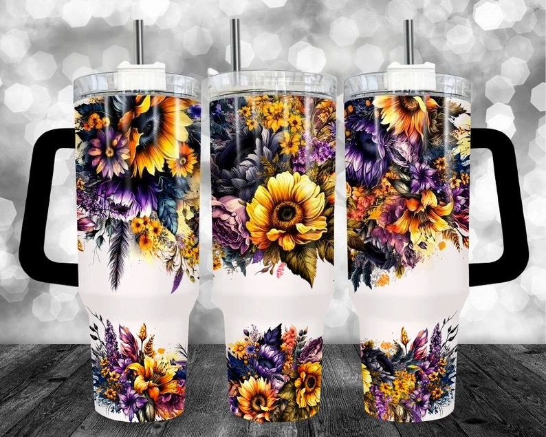 Fall Florals (Yellow, Blue, Purple & Black) - 40oz Stainless Steel Tumbler