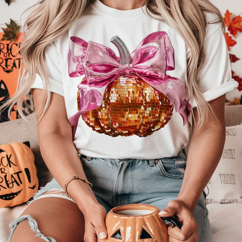 Sequin Coquette Bow Pumpkin Tee