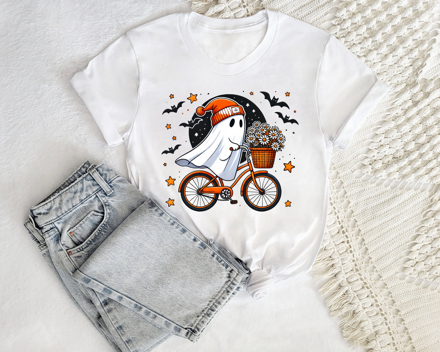 Ghost Riding Bicycle With Flowers Halloween Tee