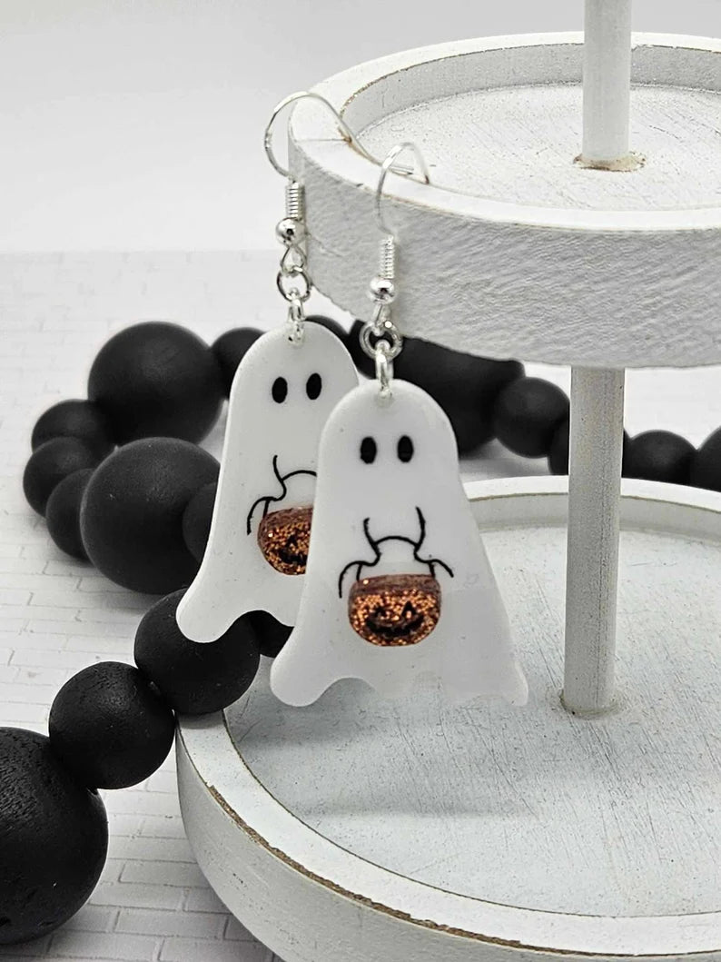 Ghosts with Glitter Pumpkin Pail Wood Earrings