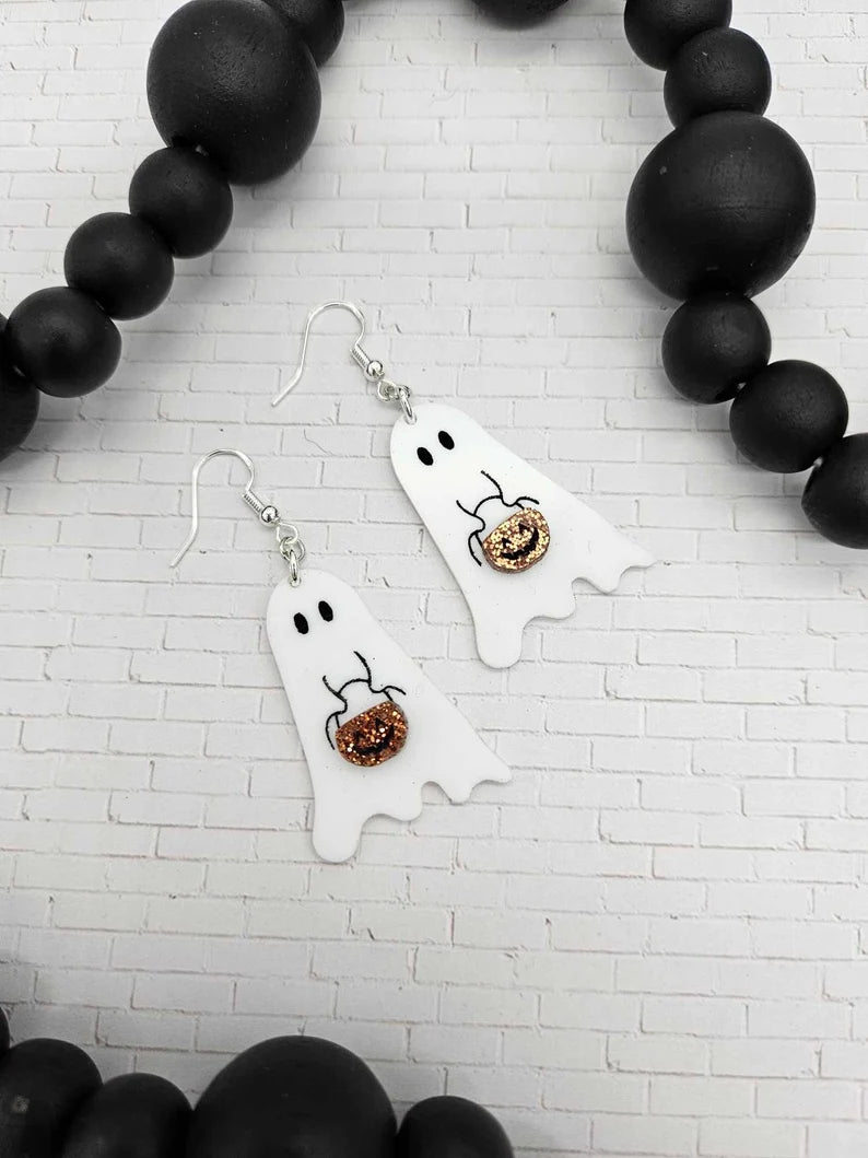 Ghosts with Glitter Pumpkin Pail Wood Earrings