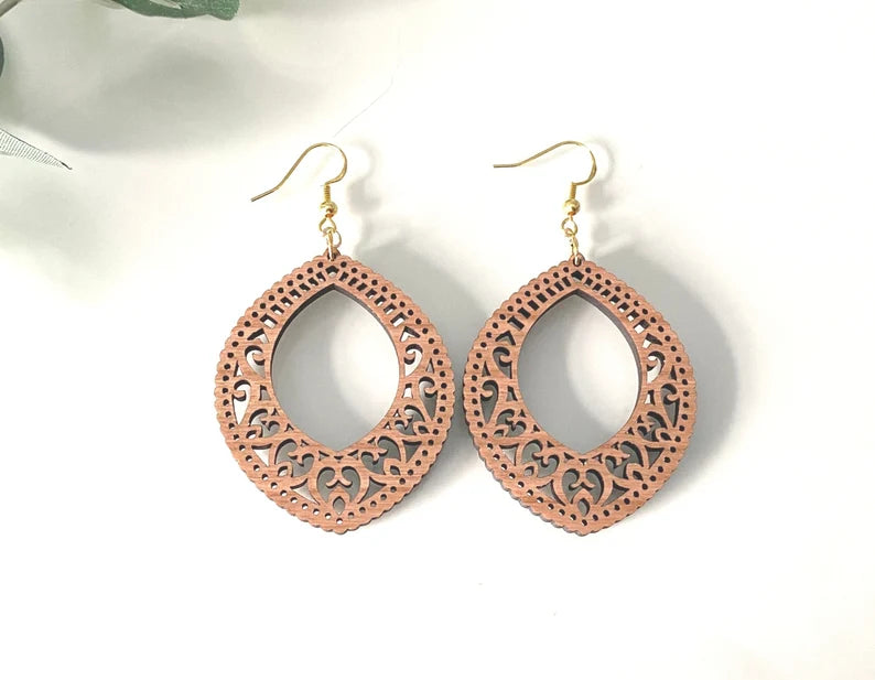 Boho Scroll Heart Laser Cut Wood Earrings