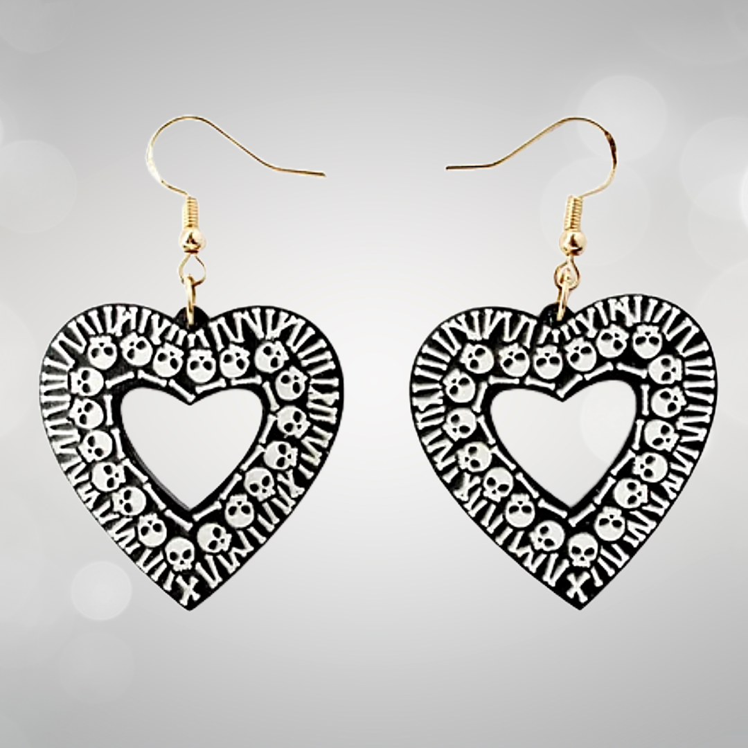 Skeleton Heart Hoop Wood Earrings