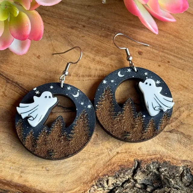 Ghost Forest Moon Hoop Wood Earrings