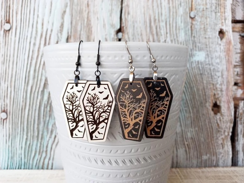 Spooky Tree & Bat Coffin Shaped Wood Earrings