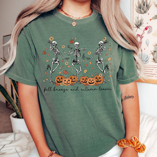 Fall Breeze and Autumn Leaves Dancing Skeleton with Pumpkins Halloween Tee