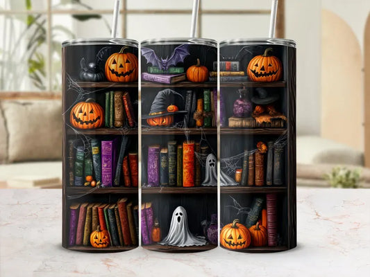 Spooky Bookshelves Ghosts Pumpkins Bats Halloween Tumbler - 20oz Stainless Steel