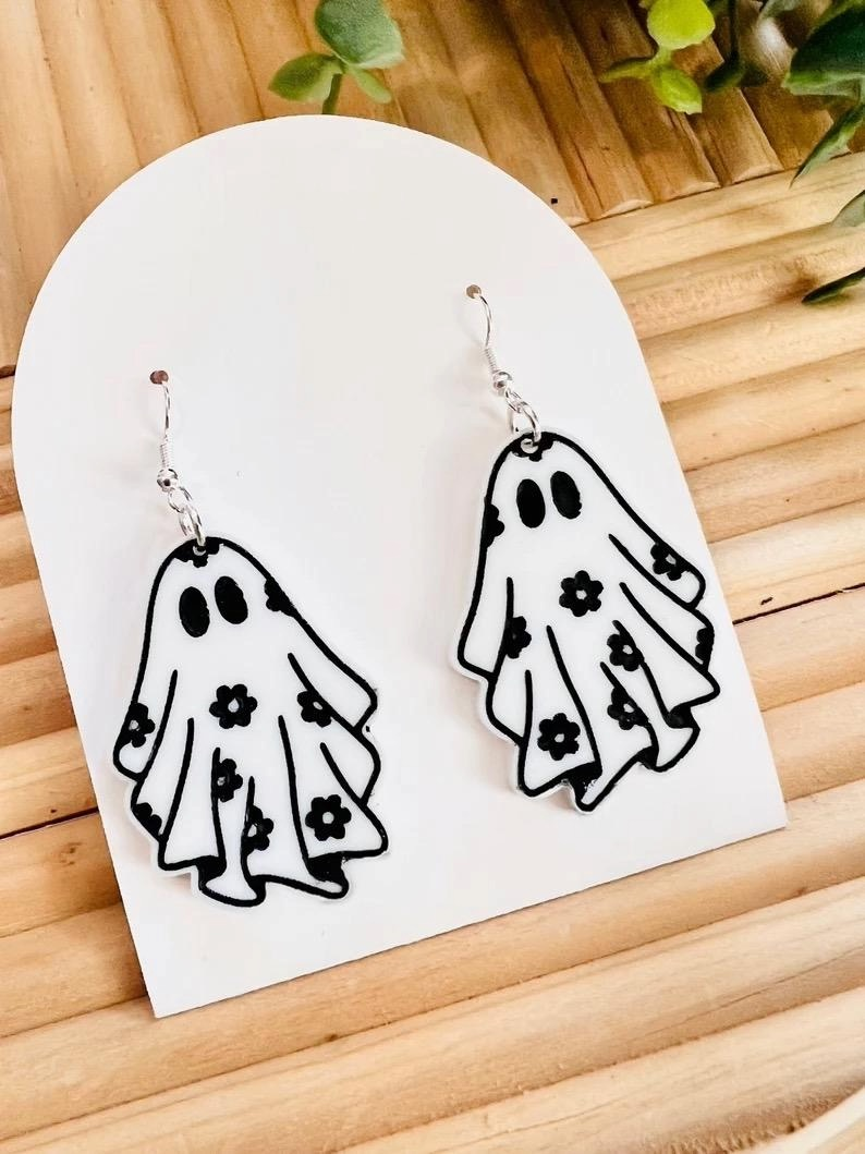 Boho Ghost Laser Cut Wood Earrings