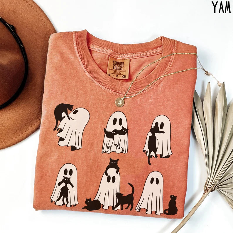 Spooky Cute Ghosts Holding Cats Halloween Tee