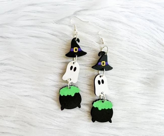 Witches Hat Ghost & Cauldron Laser Cut Wood Earrings