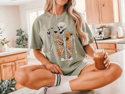 Skeleton Full Of Leaves Halloween Tee