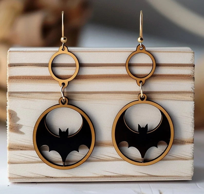 Bat Double Hoop Wood Laser Cut Earrings