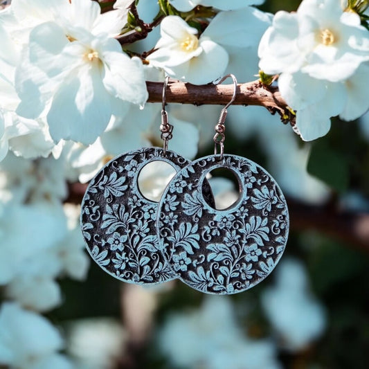 Blue Floral Engraved Wood Circle Earrings